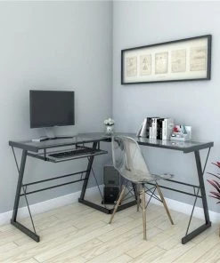 Ryan Rove RR1050-WS Madison 3 Piece Corner L-Shaped Computer Desk in Black & Clear Glass