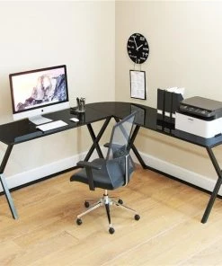 Ryan Rove RR1078 51 x 51 x 29 in. Keeling L Shaped Computer Desk; Black Frame & Black Glass - 3 Piece