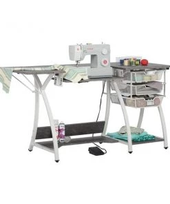 Studio Designs 13382 Pro Stitch Sewing Machine Hobby & Computer Table with Fold-Down Top; Height Adjustable Platform & Metal Mesh Storage Drawers & Shelves; White & Concrete