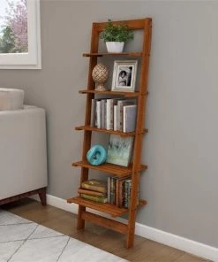 Lavish Homes Lavish Home 80-15-5-CH 5 Tier Ladder Bookshelf Leaning Decorative Shelves For Display Wood Accent Home Decor; Cherry