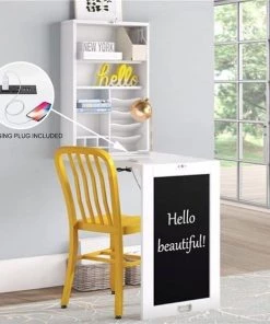 Utopia Alley SH2WWE Collapsible Fold Down Desk Table & Wall Cabinet with Chalkboard - Multi-Function Computer Desk; White