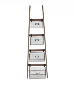 Wald Imports 4408 Wall Ladder Shelf & Bookcase with Wire Storage Baskets