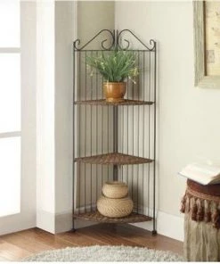 4D Concepts 144023 Farmington 3 Tier Folding Corner Maize Weave Bookcase - Wicker- Metal