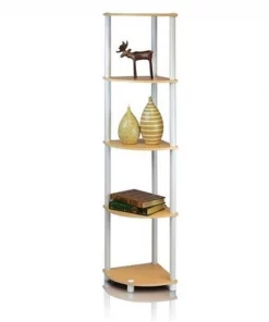 Furinno Turn-N-Tube 5 Tier Corner Display Rack Multipurpose Shelving Unit; Beech & White - 57.7 x 11.6 x 11.6 in.