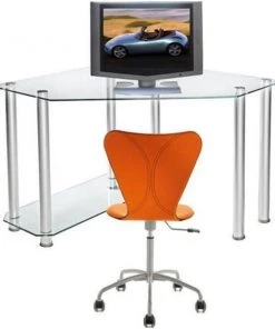 RTA Home and Office CT-013 Clear Tempered Glass and Aluminum Corner Computer Desk