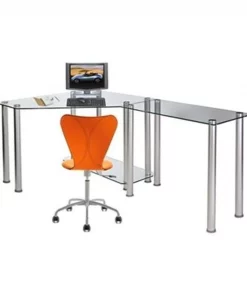 RTA Home and Office CT-013R Clear Tempered Glass Corner Computer Desk with Right Extention table