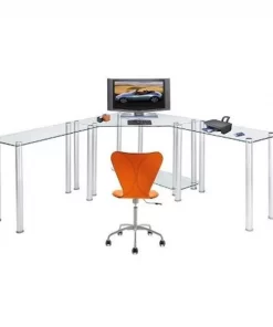 RTA Home and Office CT-013LR Clear Tempered Glass Corner Computer Desk with Left and Right Extention tables