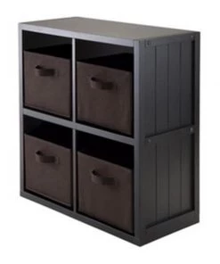 Winsome Trading, Inc 5-PC Wainscoting Panel Shelf 2 x 2 with 4 Chocolate Fabric Baskets
