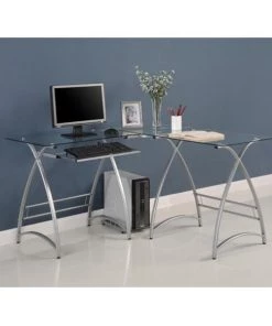 Walker Edison Furniture Co Walker Edison D51AL30 L-Shaped Glass Computer Desk- Clear-Silver- Silver