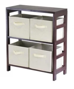 Winsome 92861 Capri 2 Section M Storage Shelf with 4 Foldable Fabric Baskets - Walnut and Beige