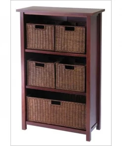 Winsome 94313 Milan 6 Piece Cabinet or Shelf and Baskets - Shelf One Basket 4 Small Baskets - Antique Walnut
