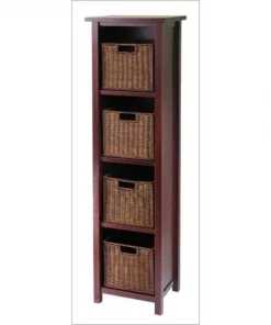 Winsome 94411 Milan 5 Piece Storage Shelf with Baskets - Cabinet and 4 Small Baskets - Antique Walnut