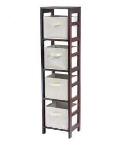 Winsome 92841 Capri 4-Section N Storage Shelf with 4 Foldable Beige Fabric Baskets - Walnut