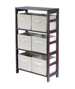 Winsome 92851 Capri 3-Section M Storage Shelf with 6 Foldable Beige Fabric Baskets - Walnut