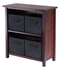 Winsome 94271 Verona 2-Section M Storage Shelf with 4 Foldable Black Fabric Baskets - Walnut