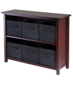 Winsome 94291 Verona 2-Section W Storage Shelf with 6 Foldable Black Fabric Baskets - Walnut
