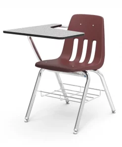 Virco 9000 Series Tablet Arm Desk with Bookrack - Wine Seat / Medium Oak Top / Clear Edge