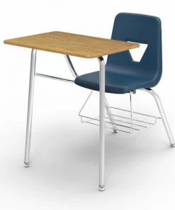 Virco 2000 Series Combo Desk with Bookrack with Nylon Glides - Navy Seat / Medium Oak Top / Clear Edge