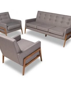 Baxton Studio Perris Grey Upholstered Walnut Finished Wood 3-PC Living Room Set
