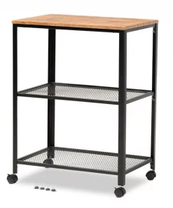 Baxton Studio Verna Black Finished Metal and Oak Finished Wood Kitchen Serving Cart
