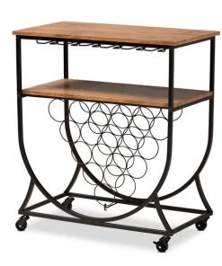 Baxton Studio Dania Black Metal and Walnut Finished Wood Mobile Wine Bar Cart