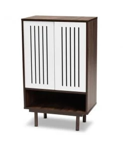 Baxton Studio Meike Two-Tone Walnut Brown and White Wood 2-Door Shoe Cabinet