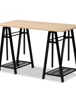 Baxton Studio Mary Oak Finished Wood and Black Metal Height Adjustable Desk