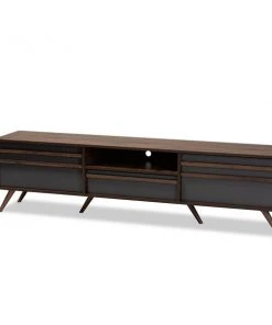 Baxton Studio Naoki Grey and Walnut Wood TV Stand with Drop-Down Compartments