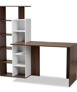 Baxton Studio Rowan Modern Two-Tone White and Walnut Brown Finished Wood Storage Computer Desk with Shelves