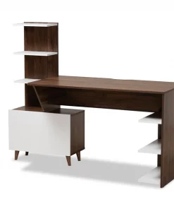 Baxton Studio Tobias Mid-Century Two-Tone White and Walnut Brown Finished Wood Storage Computer Desk with Shelves