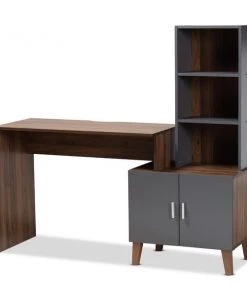Baxton Studio Jaeger Modern Two-Tone Walnut Brown and Dark Grey Finished Wood Storage Desk with Shelves