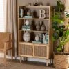 Baxton Studio Faulkner Mid-Century Natural Brown Finished Wood and Rattan 2-Door Bookcase