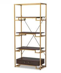 Baxton Studio Cerelia Gold Steel and Brown Wood 3-Shelf Bookcase with Drawer