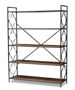 Baxton Studio Mirna Black Metal and Natural Oak Wood 5-Shelf Quatrefoil Bookcase