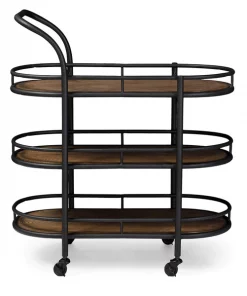 Baxton Studio Karlin Black Finish Metal Distressed Wood Mobile Bar Serving Wine Cart