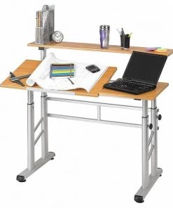 Safco Rectangle Split Level Drafting Table, 47.25 X 29.75 X 37.25, Woodgrain Melamine Top, Medium Oak