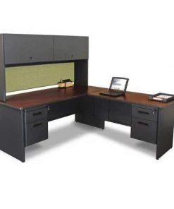 Pronto L Shaped Desk, 78" D, 72" W, 65" H, Mahogany, Melamine Laminate