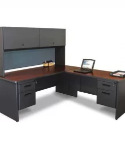 Pronto L Shaped Desk, 78" D, 72" W, 65" H, Mahogany, Melamine Laminate
