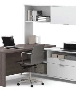 Bestar L Shaped Desk, 71.1" D, 71.1" W, 68.8" H, Bark Gray, Melamine