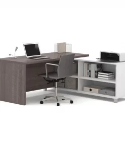 Bestar L Shaped Desk, 71.1" D, 71.1" W, 29.9" H, White/Bark Gray, Melamine