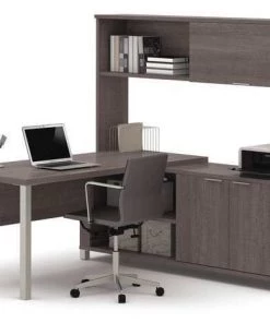 Bestar L Shaped Desk, 71.1" D, 71.1" W, 68.8" H, Bark Gray, Melamine