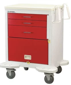 Lakeside Medical Cart, 3 Drawers w/12" Panel, Breakaway Lock, Red Cabinet