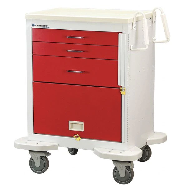 Lakeside Medical Cart, 3 Drawers w/12" Panel, Breakaway Lock, Red Cabinet