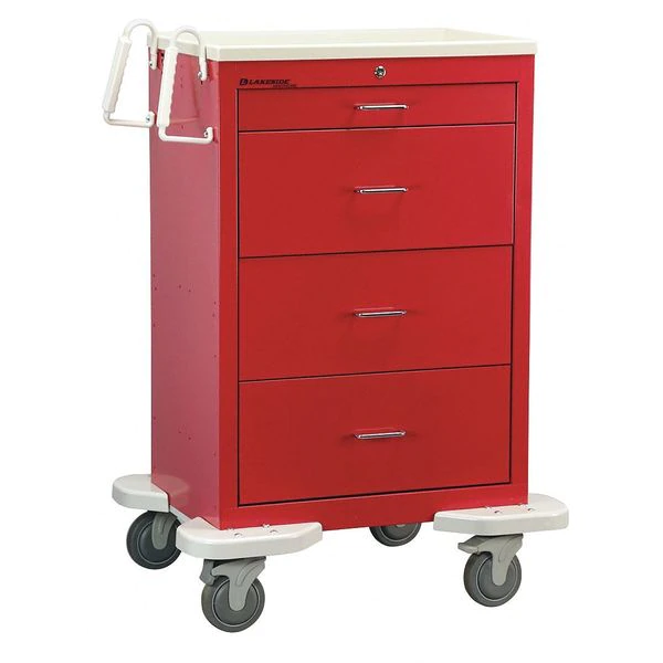 Lakeside Medical Cart, 4 Drawers w/Key Lock, Red Cabinet