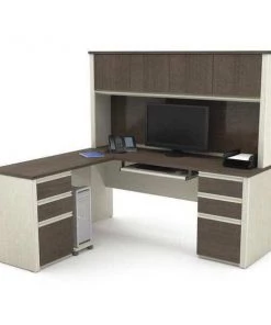 Bestar L Shaped Desk, 62.8" D, 71.1" W, 66.8" H, White/Chocolate, Melamine