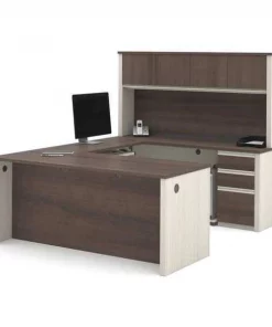 Bestar U Shaped Desk, 92.6" D, 71.1" W, 66.8" H, White/Chocolate, Melamine