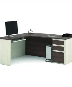 Bestar L Shaped Desk, 69.2" D, 71.1" W, 30.4" H, White/Chocolate, Melamine