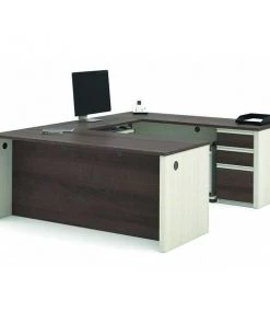 Bestar U Shaped Desk, 92.6" D, 71.1" W, 30.4" H, White/Chocolate, Melamine