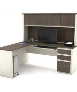 Bestar L Shaped Desk, 62.8" D, 71.1" W, 66.8" H, White/Chocolate, Melamine