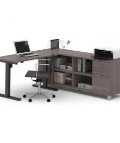 Bestar Adjustable Table, 67 7/64 in D, 71 7/64 in W, Bark Gray, Melamine